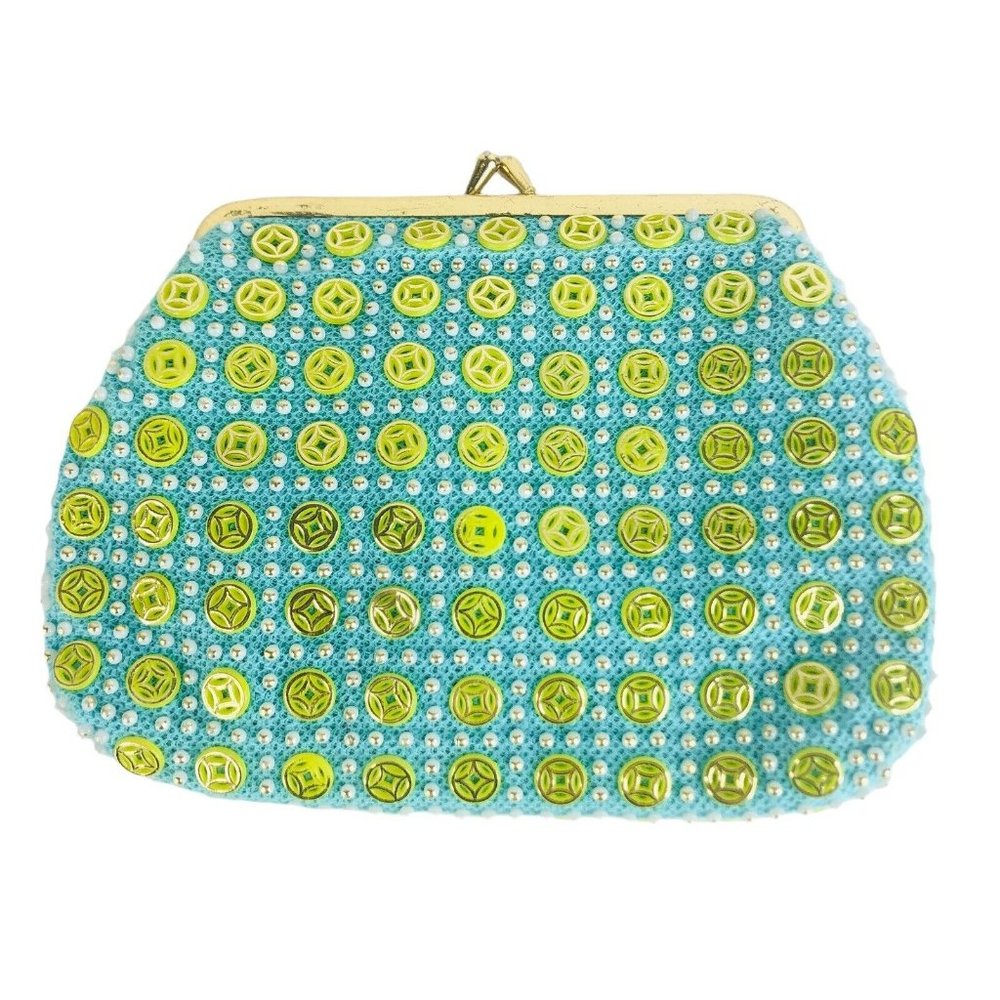 VTG Womens Clutch Purse Beaded Made Hong Kong Kiss Lock Closure Blue Green Small
